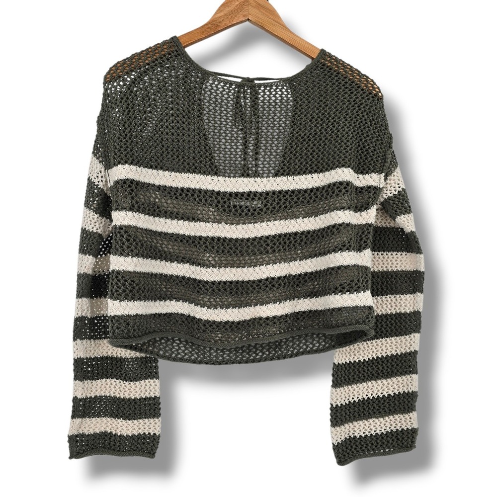 American Eagle Crochet Striped Sweater‎ Green Cream Tassel Tie Back Cropped M